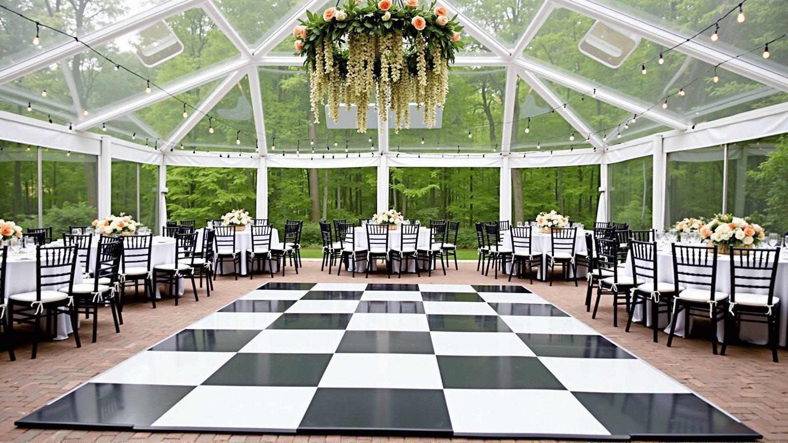 Checkerboard dance floor set up under a clear tent at an outdoor Phoenix wedding reception