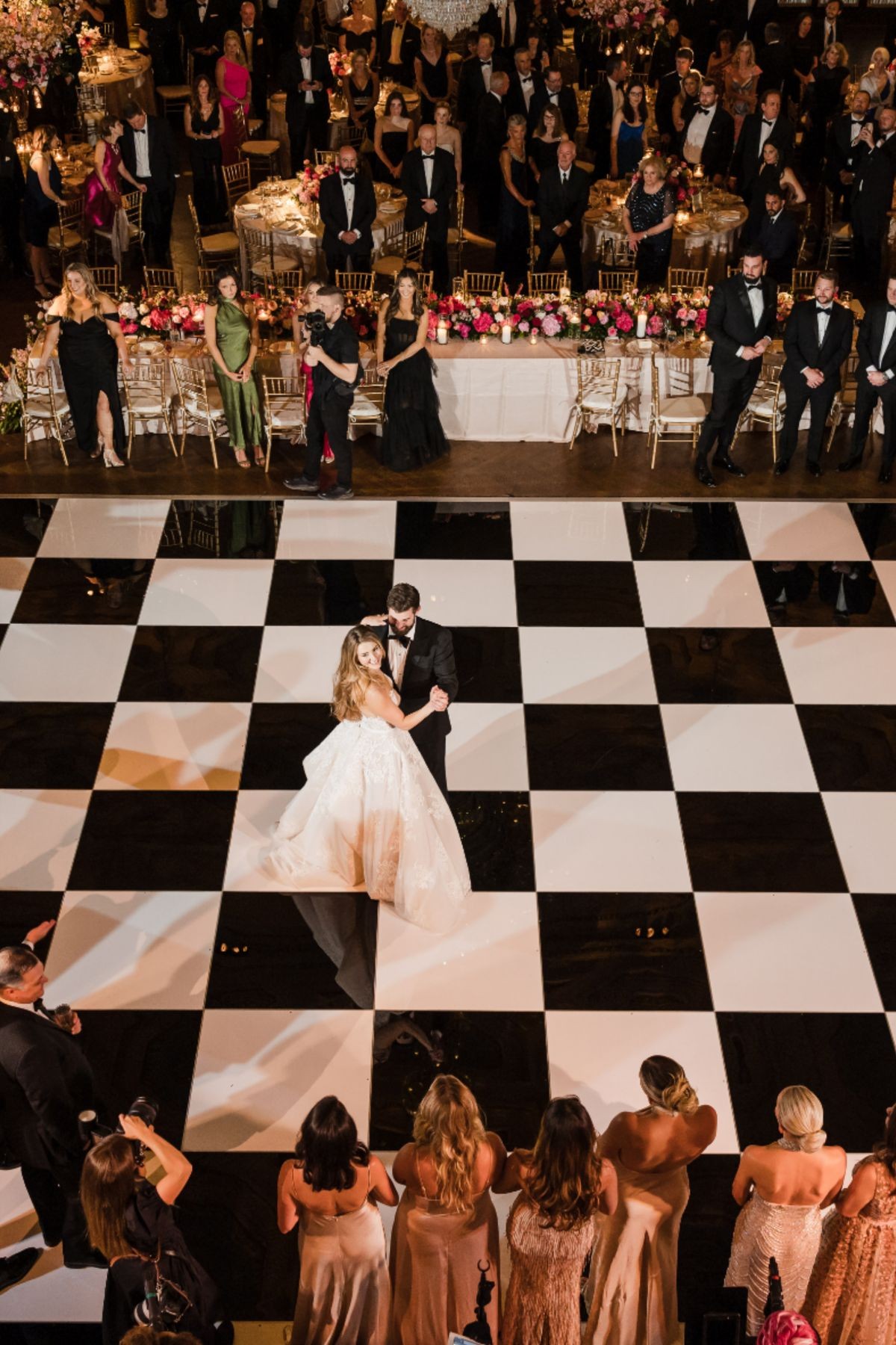 Checkerboard dance floor set up at a museum venue reception in Phoenix